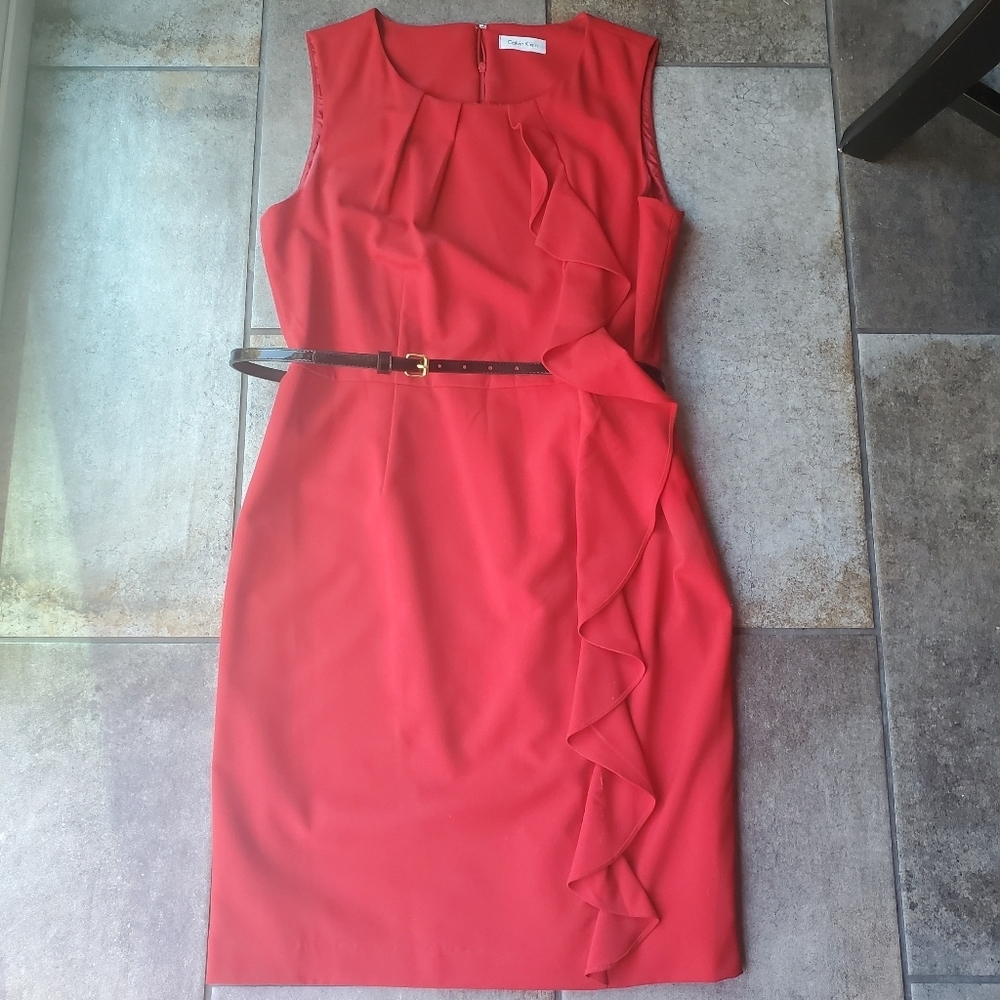 Calvin Klein Red Sheath Dress Slit Ruffle Black Belt Preppy Work Classic Office - Picture 1 of 11